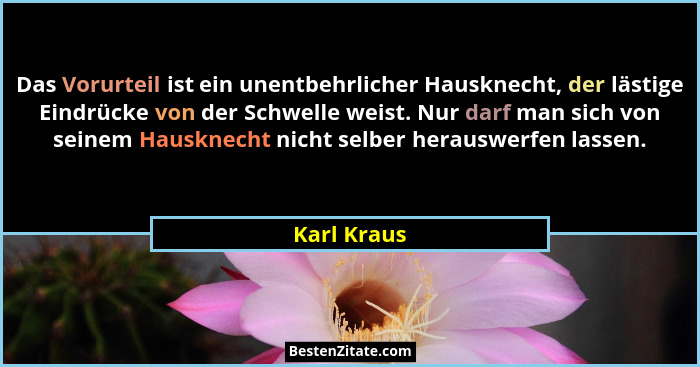 Das Vorurteil ist ein unentbehrlicher Hausknecht, der lästige Eindrücke von der Schwelle weist. Nur darf man sich von seinem Hausknecht n... - Karl Kraus