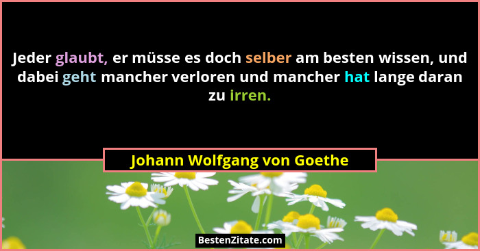 Jeder glaubt, er müsse es doch selber am besten wissen, und dabei geht mancher verloren und mancher hat lange daran zu ir... - Johann Wolfgang von Goethe