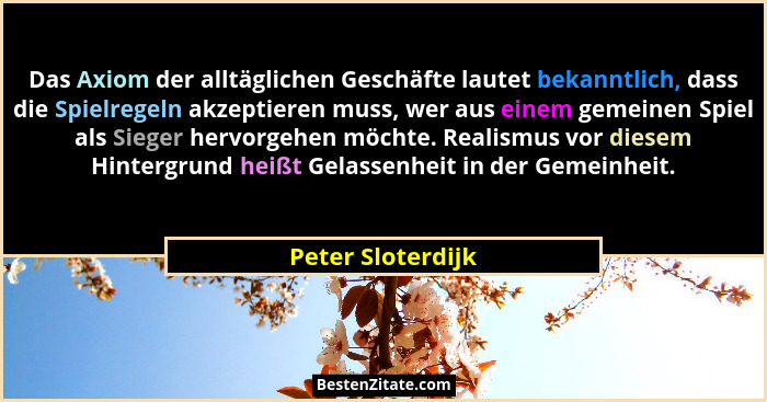 Das Axiom der alltäglichen Geschäfte lautet bekanntlich, dass die Spielregeln akzeptieren muss, wer aus einem gemeinen Spiel als Si... - Peter Sloterdijk