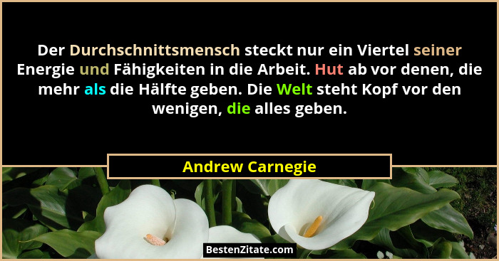Der Durchschnittsmensch steckt nur ein Viertel seiner Energie und Fähigkeiten in die Arbeit. Hut ab vor denen, die mehr als die Hälf... - Andrew Carnegie