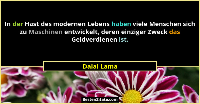 In der Hast des modernen Lebens haben viele Menschen sich zu Maschinen entwickelt, deren einziger Zweck das Geldverdienen ist.... - Dalai Lama