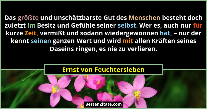 Das größte und unschätzbarste Gut des Menschen besteht doch zuletzt im Besitz und Gefühle seiner selbst. Wer es, auch nur f... - Ernst von Feuchtersleben