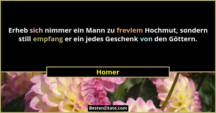 Erheb sich nimmer ein Mann zu frevlem Hochmut, sondern still empfang er ein jedes Geschenk von den Göttern.... - Homer