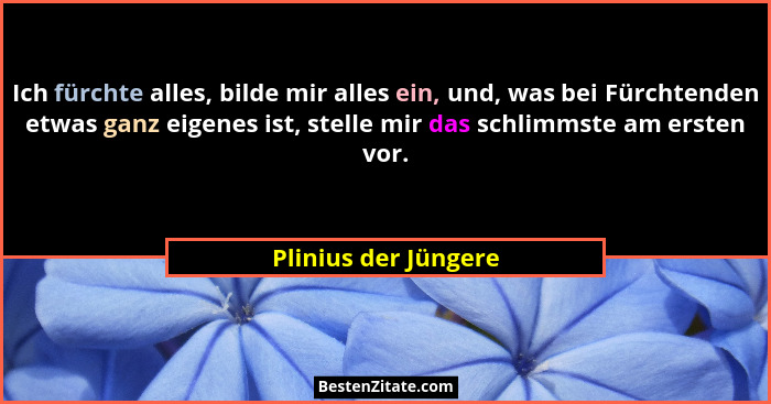 Ich fürchte alles, bilde mir alles ein, und, was bei Fürchtenden etwas ganz eigenes ist, stelle mir das schlimmste am ersten vor... - Plinius der Jüngere