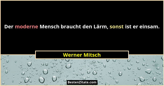 Der moderne Mensch braucht den Lärm, sonst ist er einsam.... - Werner Mitsch