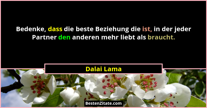 Bedenke, dass die beste Beziehung die ist, in der jeder Partner den anderen mehr liebt als braucht.... - Dalai Lama