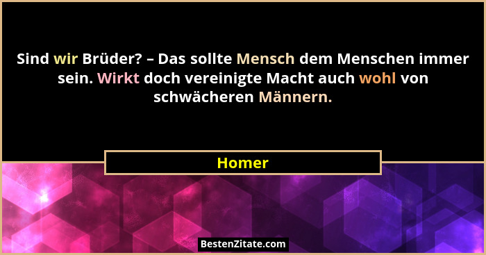 Sind wir Brüder? – Das sollte Mensch dem Menschen immer sein. Wirkt doch vereinigte Macht auch wohl von schwächeren Männern.... - Homer