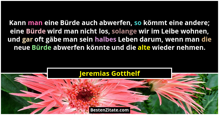 Kann man eine Bürde auch abwerfen, so kömmt eine andere; eine Bürde wird man nicht los, solange wir im Leibe wohnen, und gar oft g... - Jeremias Gotthelf