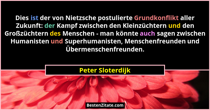 Dies ist der von Nietzsche postulierte Grundkonflikt aller Zukunft: der Kampf zwischen den Kleinzüchtern und den Großzüchtern des M... - Peter Sloterdijk