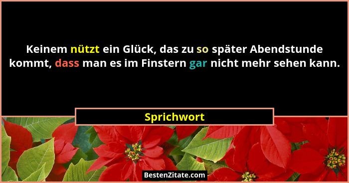 Keinem nützt ein Glück, das zu so später Abendstunde kommt, dass man es im Finstern gar nicht mehr sehen kann.... - Sprichwort