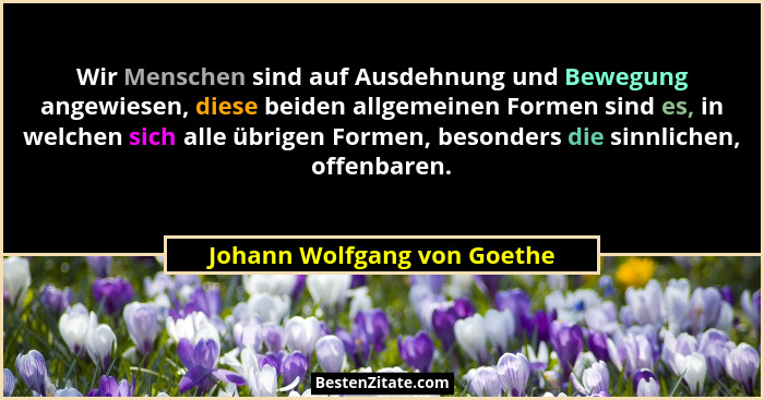 Wir Menschen sind auf Ausdehnung und Bewegung angewiesen, diese beiden allgemeinen Formen sind es, in welchen sich alle ü... - Johann Wolfgang von Goethe