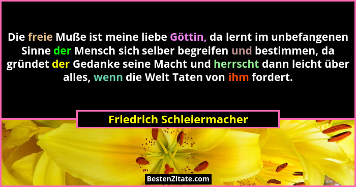 Die freie Muße ist meine liebe Göttin, da lernt im unbefangenen Sinne der Mensch sich selber begreifen und bestimmen, da gr... - Friedrich Schleiermacher