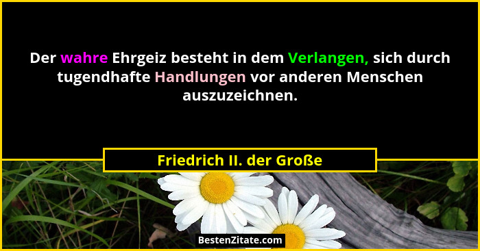 Der wahre Ehrgeiz besteht in dem Verlangen, sich durch tugendhafte Handlungen vor anderen Menschen auszuzeichnen.... - Friedrich II. der Große