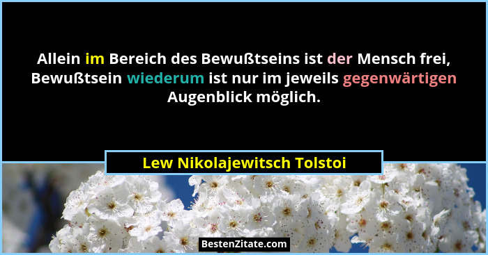 Allein im Bereich des Bewußtseins ist der Mensch frei, Bewußtsein wiederum ist nur im jeweils gegenwärtigen Augenblick mö... - Lew Nikolajewitsch Tolstoi