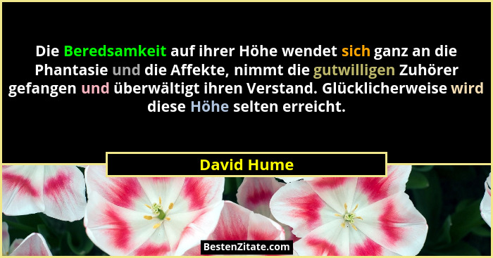 Die Beredsamkeit auf ihrer Höhe wendet sich ganz an die Phantasie und die Affekte, nimmt die gutwilligen Zuhörer gefangen und überwältigt... - David Hume