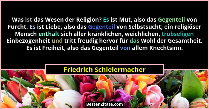 Was ist das Wesen der Religion? Es ist Mut, also das Gegenteil von Furcht. Es ist Liebe, also das Gegenteil von Selbstsucht... - Friedrich Schleiermacher