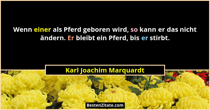 Wenn einer als Pferd geboren wird, so kann er das nicht ändern. Er bleibt ein Pferd, bis er stirbt.... - Karl Joachim Marquardt