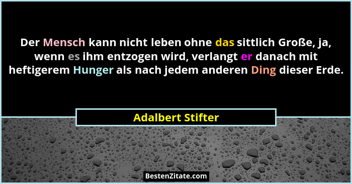 Der Mensch kann nicht leben ohne das sittlich Große, ja, wenn es ihm entzogen wird, verlangt er danach mit heftigerem Hunger als na... - Adalbert Stifter