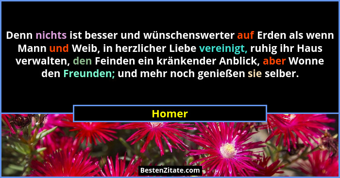 Denn nichts ist besser und wünschenswerter auf Erden als wenn Mann und Weib, in herzlicher Liebe vereinigt, ruhig ihr Haus verwalten, den Fein... - Homer