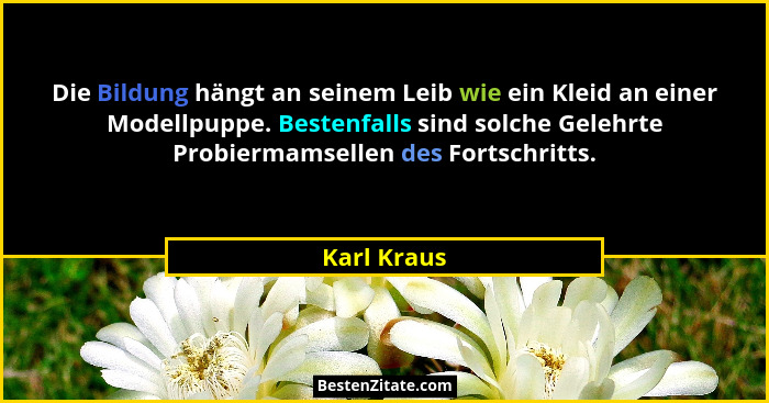 Die Bildung hängt an seinem Leib wie ein Kleid an einer Modellpuppe. Bestenfalls sind solche Gelehrte Probiermamsellen des Fortschritts.... - Karl Kraus
