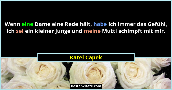 Wenn eine Dame eine Rede hält, habe ich immer das Gefühl, ich sei ein kleiner Junge und meine Mutti schimpft mit mir.... - Karel Capek
