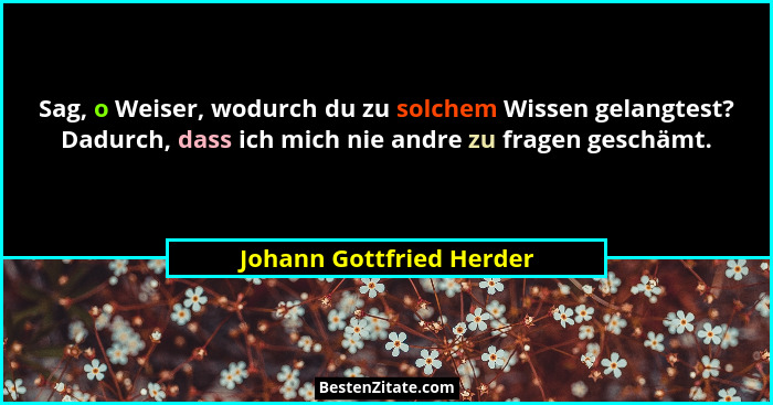 Sag, o Weiser, wodurch du zu solchem Wissen gelangtest? Dadurch, dass ich mich nie andre zu fragen geschämt.... - Johann Gottfried Herder