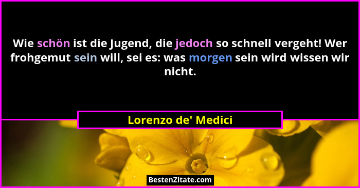 Wie schön ist die Jugend, die jedoch so schnell vergeht! Wer frohgemut sein will, sei es: was morgen sein wird wissen wir nic... - Lorenzo de' Medici