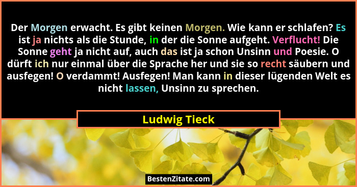 Der Morgen erwacht. Es gibt keinen Morgen. Wie kann er schlafen? Es ist ja nichts als die Stunde, in der die Sonne aufgeht. Verflucht!... - Ludwig Tieck