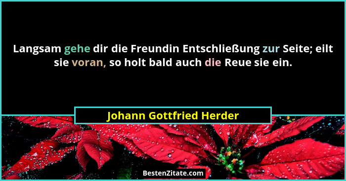 Langsam gehe dir die Freundin Entschließung zur Seite; eilt sie voran, so holt bald auch die Reue sie ein.... - Johann Gottfried Herder