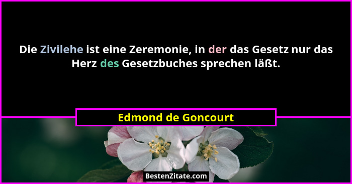 Die Zivilehe ist eine Zeremonie, in der das Gesetz nur das Herz des Gesetzbuches sprechen läßt.... - Edmond de Goncourt