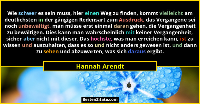 Wie schwer es sein muss, hier einen Weg zu finden, kommt vielleicht am deutlichsten in der gängigen Redensart zum Ausdruck, das Vergan... - Hannah Arendt