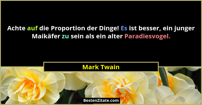 Achte auf die Proportion der Dinge! Es ist besser, ein junger Maikäfer zu sein als ein alter Paradiesvogel.... - Mark Twain