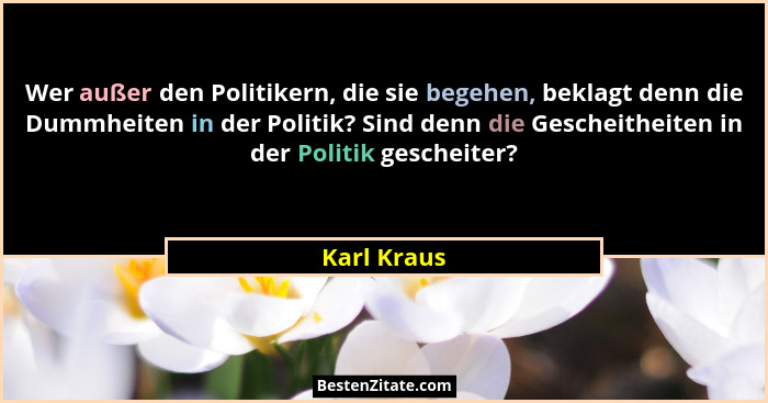 Wer außer den Politikern, die sie begehen, beklagt denn die Dummheiten in der Politik? Sind denn die Gescheitheiten in der Politik gesche... - Karl Kraus