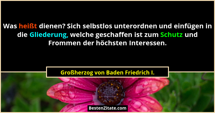 Was heißt dienen? Sich selbstlos unterordnen und einfügen in die Gliederung, welche geschaffen ist zum Schutz und... - Großherzog von Baden Friedrich I.