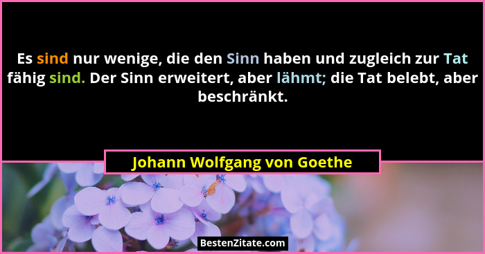 Es sind nur wenige, die den Sinn haben und zugleich zur Tat fähig sind. Der Sinn erweitert, aber lähmt; die Tat belebt, a... - Johann Wolfgang von Goethe