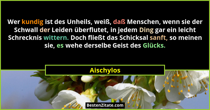 Wer kundig ist des Unheils, weiß, daß Menschen, wenn sie der Schwall der Leiden überflutet, in jedem Ding gar ein leicht Schrecknis witter... - Aischylos