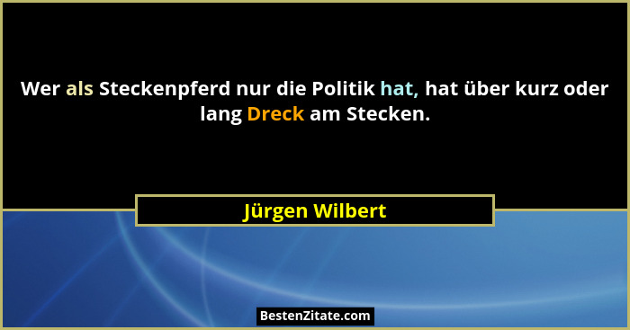Wer als Steckenpferd nur die Politik hat, hat über kurz oder lang Dreck am Stecken.... - Jürgen Wilbert