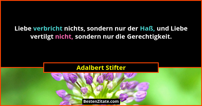 Liebe verbricht nichts, sondern nur der Haß, und Liebe vertilgt nicht, sondern nur die Gerechtigkeit.... - Adalbert Stifter