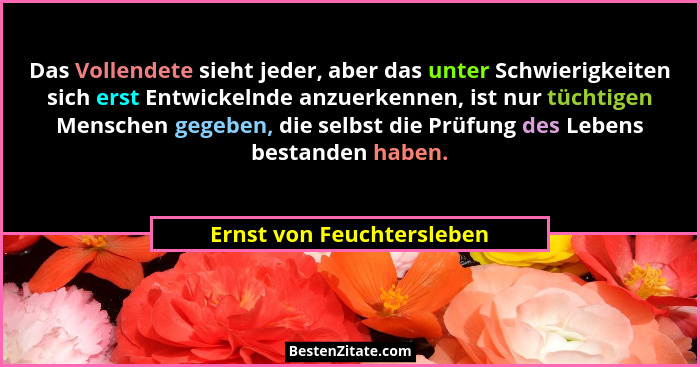 Das Vollendete sieht jeder, aber das unter Schwierigkeiten sich erst Entwickelnde anzuerkennen, ist nur tüchtigen Menschen... - Ernst von Feuchtersleben