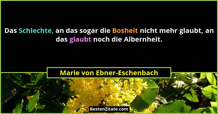 Das Schlechte, an das sogar die Bosheit nicht mehr glaubt, an das glaubt noch die Albernheit.... - Marie von Ebner-Eschenbach