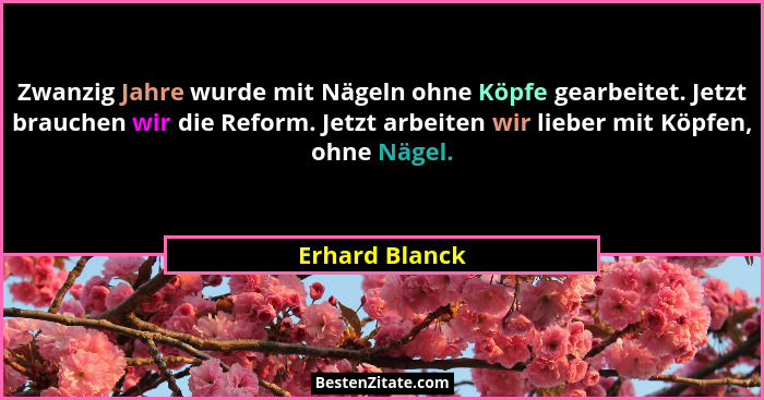 Zwanzig Jahre wurde mit Nägeln ohne Köpfe gearbeitet. Jetzt brauchen wir die Reform. Jetzt arbeiten wir lieber mit Köpfen, ohne Nägel.... - Erhard Blanck