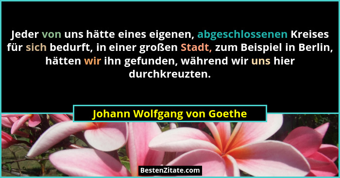 Jeder von uns hätte eines eigenen, abgeschlossenen Kreises für sich bedurft, in einer großen Stadt, zum Beispiel in Berli... - Johann Wolfgang von Goethe