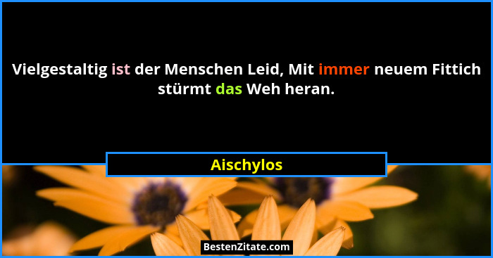 Vielgestaltig ist der Menschen Leid, Mit immer neuem Fittich stürmt das Weh heran.... - Aischylos