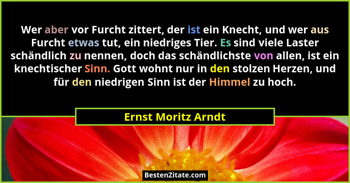 Wer aber vor Furcht zittert, der ist ein Knecht, und wer aus Furcht etwas tut, ein niedriges Tier. Es sind viele Laster schändlic... - Ernst Moritz Arndt