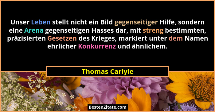 Unser Leben stellt nicht ein Bild gegenseitiger Hilfe, sondern eine Arena gegenseitigen Hasses dar, mit streng bestimmten, präzisiert... - Thomas Carlyle