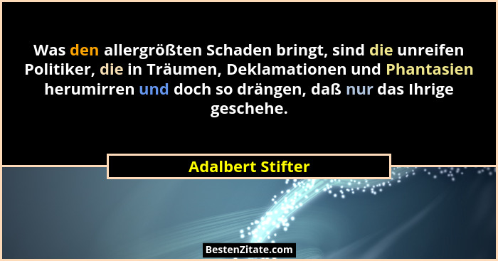 Was den allergrößten Schaden bringt, sind die unreifen Politiker, die in Träumen, Deklamationen und Phantasien herumirren und doch... - Adalbert Stifter