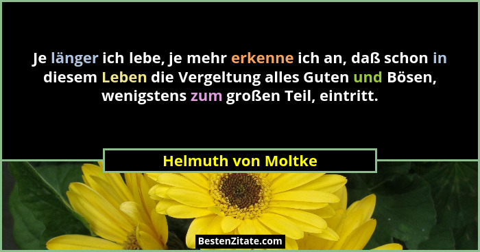Je länger ich lebe, je mehr erkenne ich an, daß schon in diesem Leben die Vergeltung alles Guten und Bösen, wenigstens zum großen... - Helmuth von Moltke