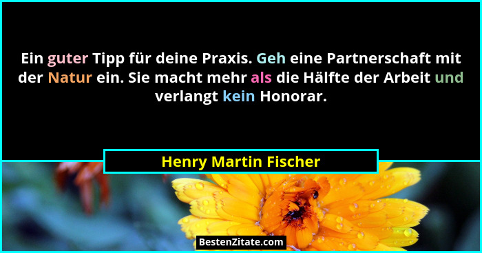 Ein guter Tipp für deine Praxis. Geh eine Partnerschaft mit der Natur ein. Sie macht mehr als die Hälfte der Arbeit und verlang... - Henry Martin Fischer