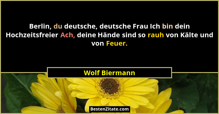 Berlin, du deutsche, deutsche Frau Ich bin dein Hochzeitsfreier Ach, deine Hände sind so rauh von Kälte und von Feuer.... - Wolf Biermann