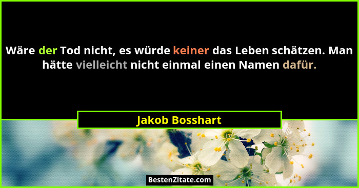 Wäre der Tod nicht, es würde keiner das Leben schätzen. Man hätte vielleicht nicht einmal einen Namen dafür.... - Jakob Bosshart